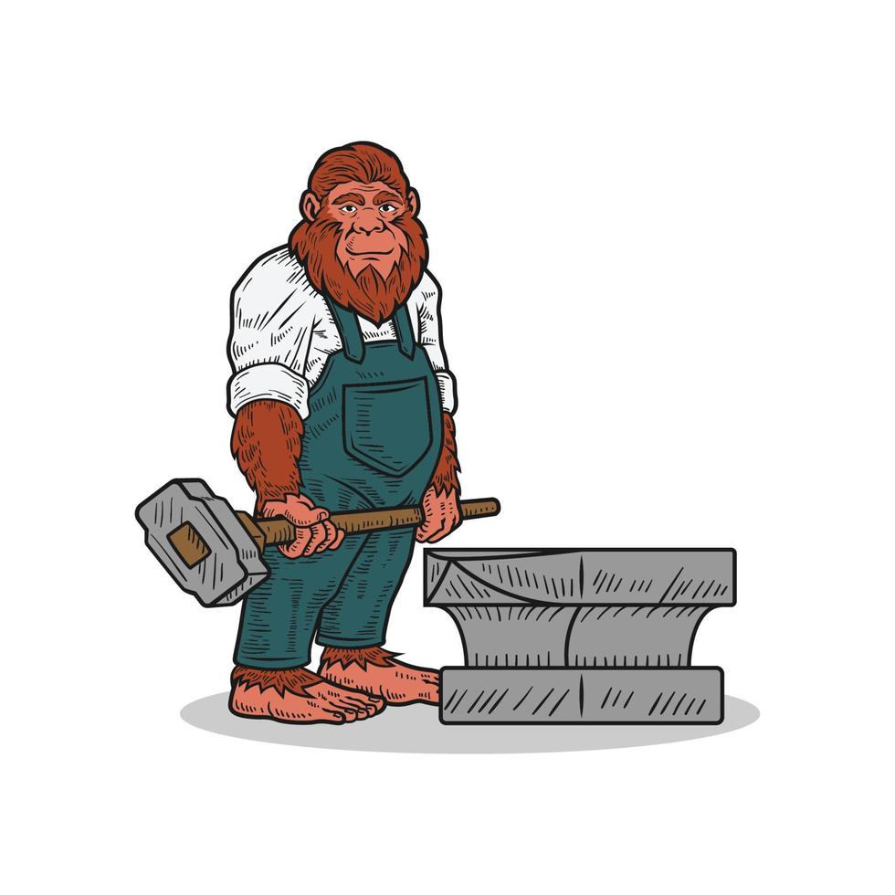 a bigfoot mascot who is a blacksmith. hand tool manufacturing. vector illustration
