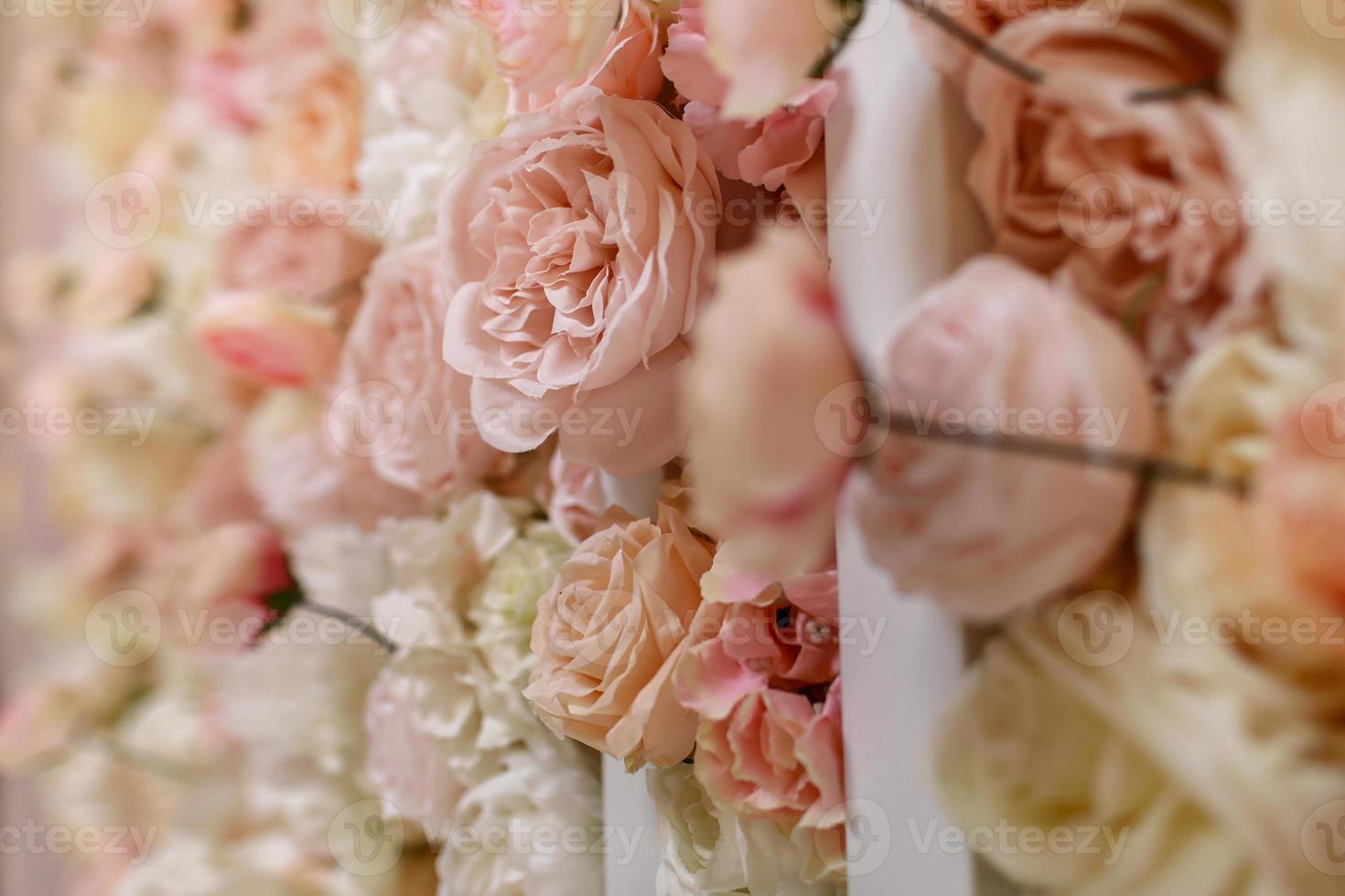 Flowers wall background with amazing pink and white roses, peonies and