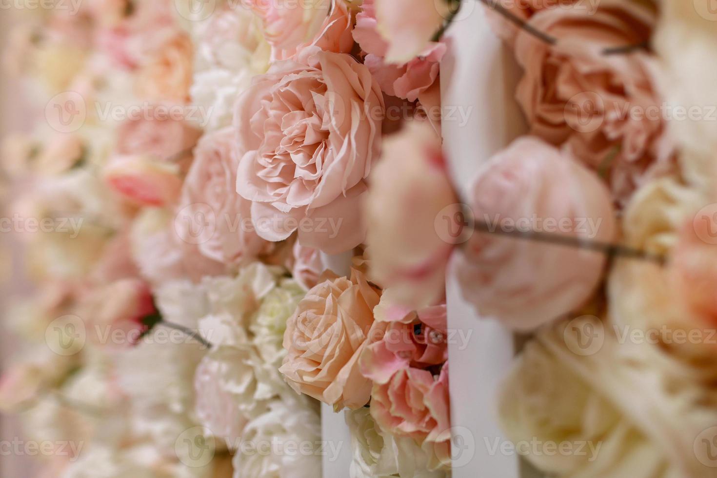 Flowers wall background with amazing pink and white roses, peonies and hydrangeas, wedding decorations, handmade. photo