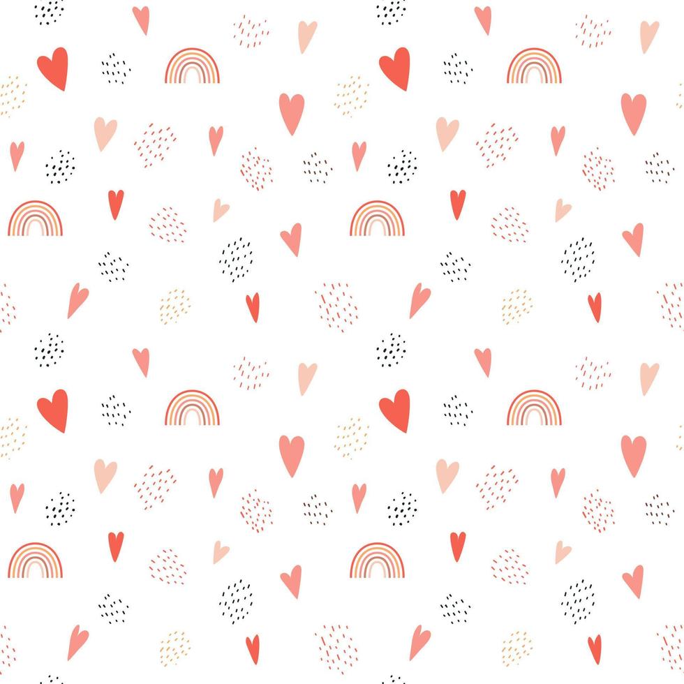 Seamless pattern with simple rainbows, hearts, texture spots, dots. The simple minimalistic background is perfect for wrapping paper, children's textiles. Vector isolated on a white background.