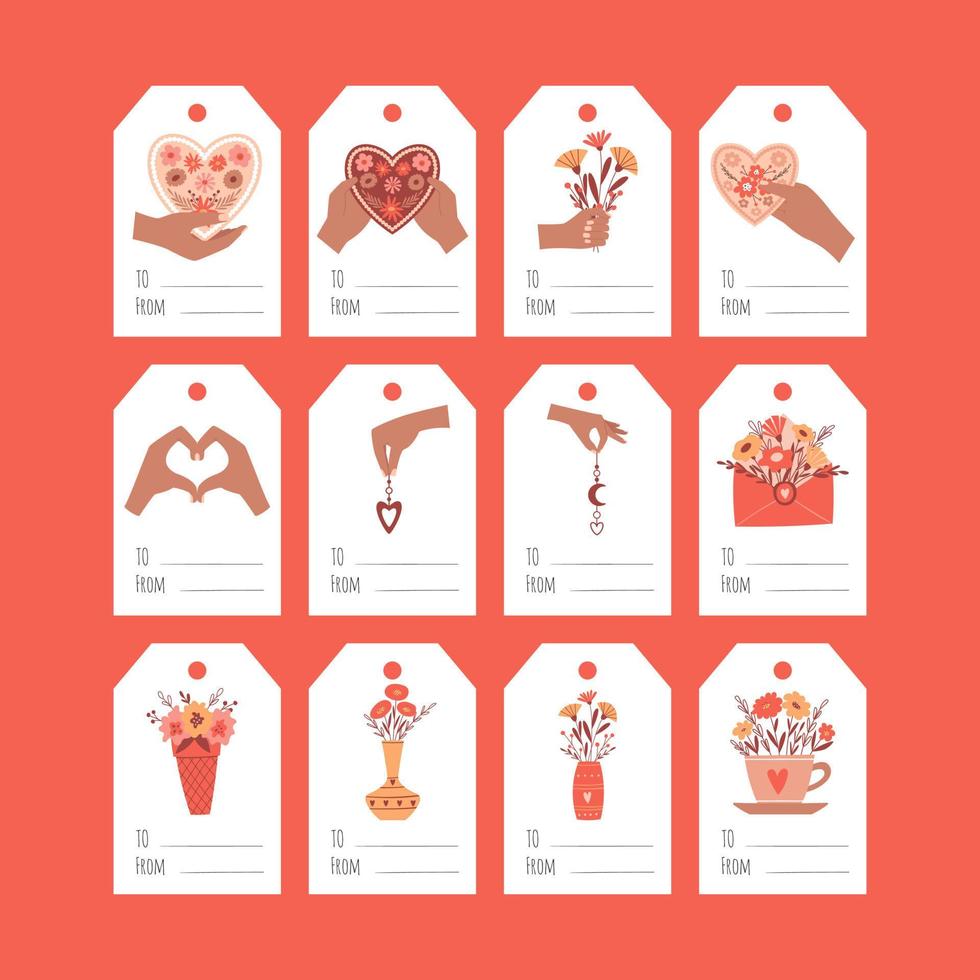 A set of gift tags for Valentine's Day. Hands hold a heart, bouquet, flowers, boho elements. A collection of present labels with flat illustrations. To, From. Color vector illustrations on a white.