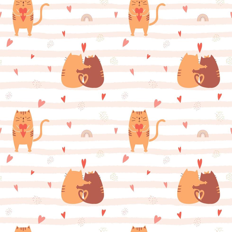 Seamless pattern with cute hugging cats and a cat holding a heart in its paws. Textured striped background with rainbow,hearts.For packaging design for Valentine's day, birthday. Vector illustrations.