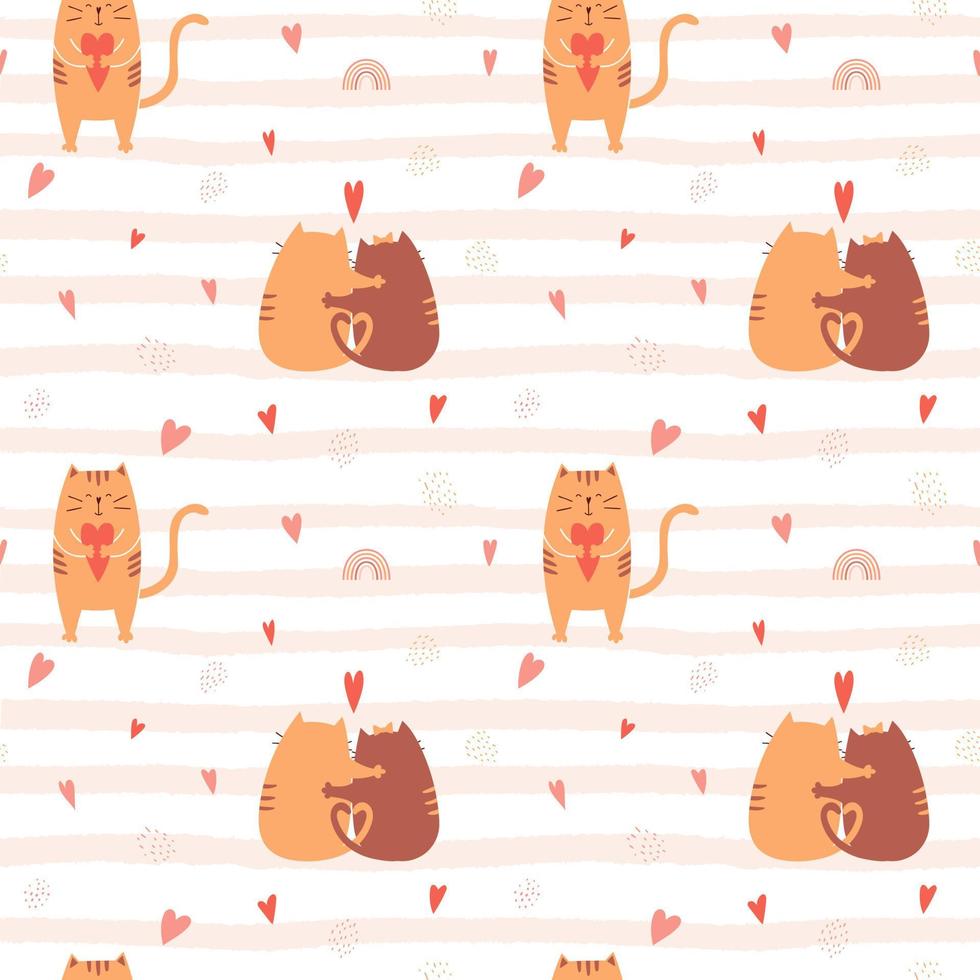 Seamless pattern with cute hugging cats and a cat holding a heart in its paws. Textured striped background with rainbow,hearts.For packaging design for Valentine's day, birthday. Vector illustrations.