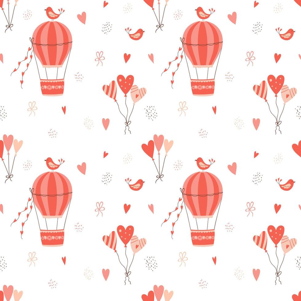 Valentine's Day Seamless pattern with flying hot air balloon, birds, hearts. Color vector illustration on a white background. Perfect for wrapping paper, baby textiles