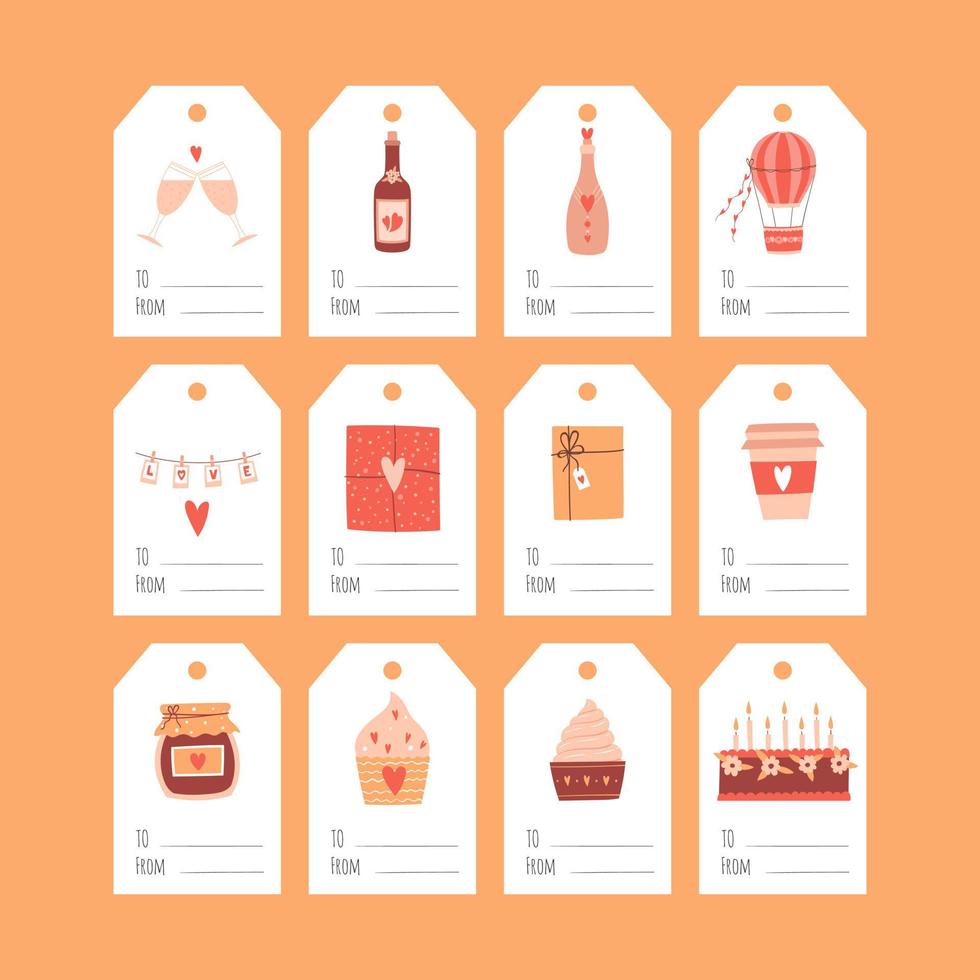 A set of gift tags for Valentine's Day. Sweets, bottle, air balloon. A collection of present labels with cartoon illustrations and the words To, From. Color vector illustrations on a white background.