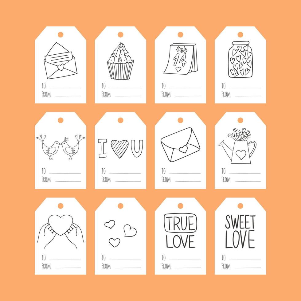 Set of gift tags with black and white hand-drawn doodles for Valentine's Day. A collection of present labels with illustrations and words To, from. Simple vector illustrations on a white background.