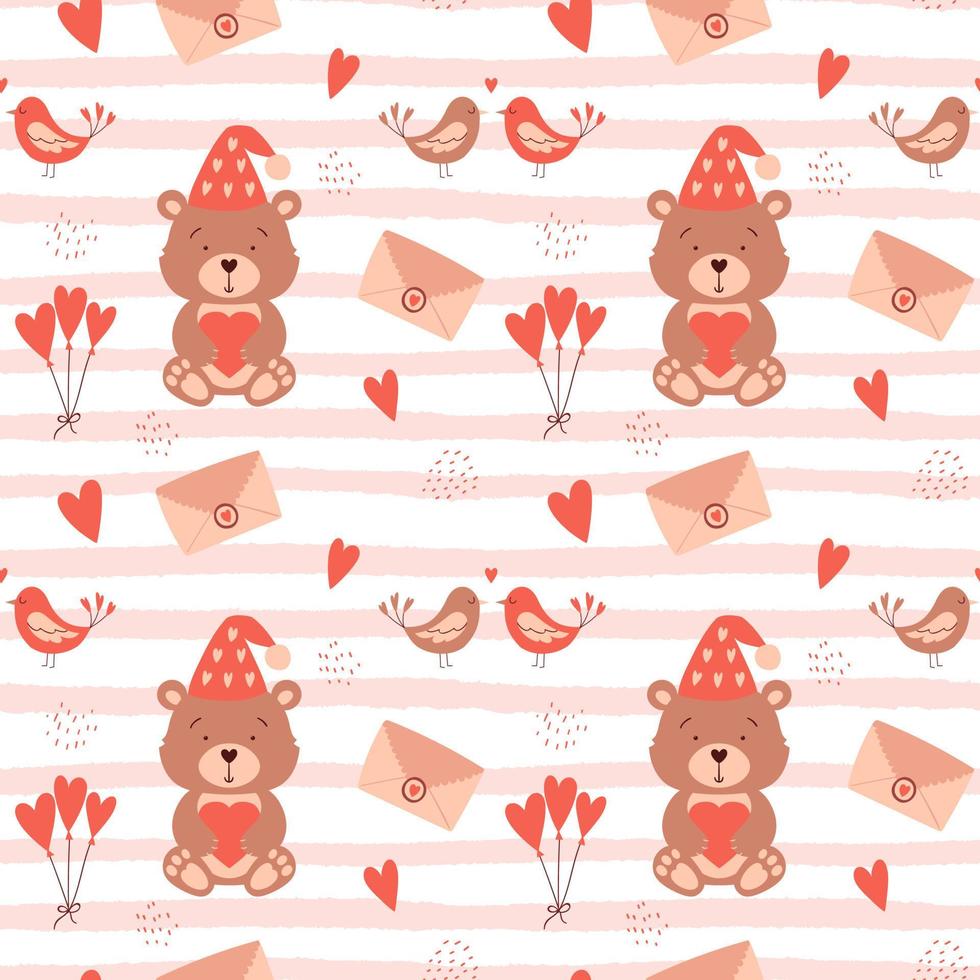 Seamless pattern with cute teddy bear, envelope, balloons, birds, hearts. Color vector illustration on striped pink background. Perfect for wrapping paper for Valentine's Day, birthday.