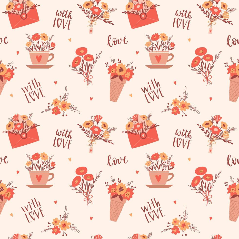 Valentine's day, birthday seamless pattern with simple red and yellow flowers, bouquets in an envelope, a cup, handwritten words With love. Vector illustration on a light beige background.