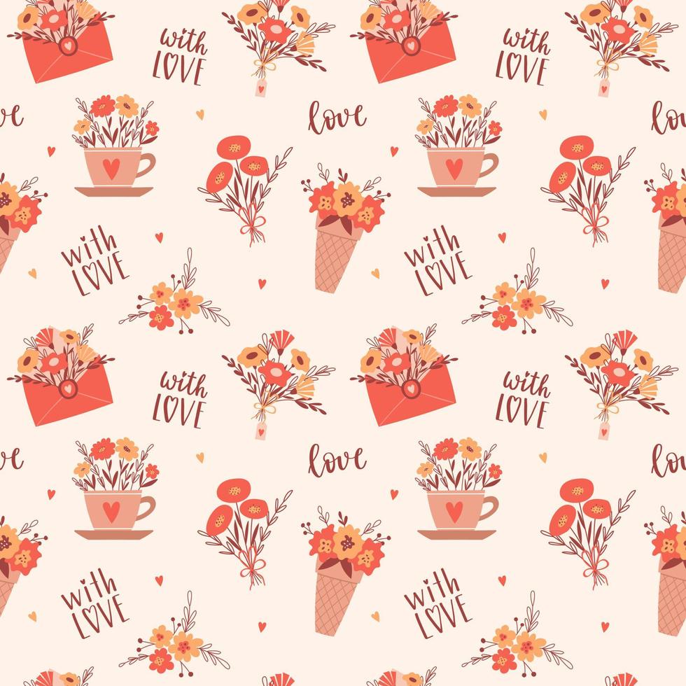 Valentine's day, birthday seamless pattern with simple red and yellow flowers, bouquets in an envelope, a cup, handwritten words With love. Vector illustration on a light beige background.