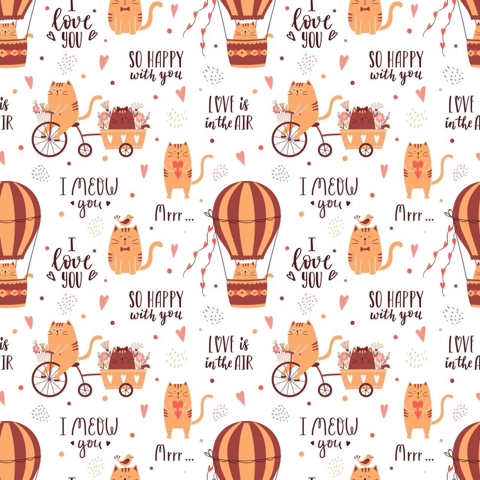 Seamless pattern with cute cats riding a bike and flying on air balloon. Handwritten phrases. Perfect for wrapping paper for Valentine's Day. Vector isolated illustrations on a white background.