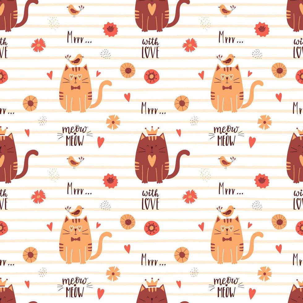 patrón impecable con lindos gatos, pájaros, flores. frases escritas a mano - miau, murrr, con amor. perfecto para el diseño de empaques del día de san valentín. ilustraciones vectoriales sobre un fondo rayado. vector