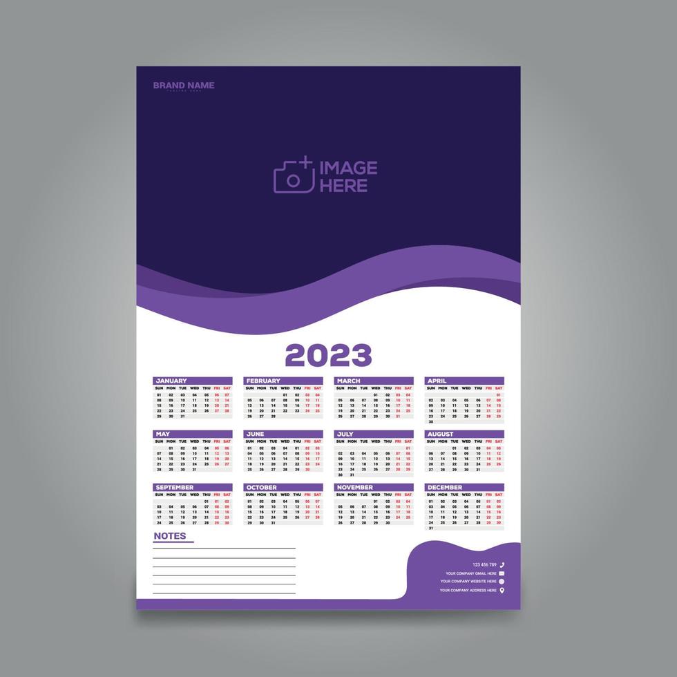 1-page Wall calendar design for 2023. Vector design print-ready template