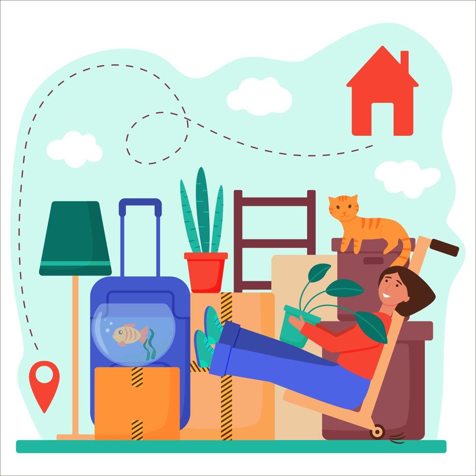 The concept of resettlement. A happy young woman moves into a house, an apartment. A smiling girl is transporting things. I'm moving to a new house. Isolated flat vector illustration