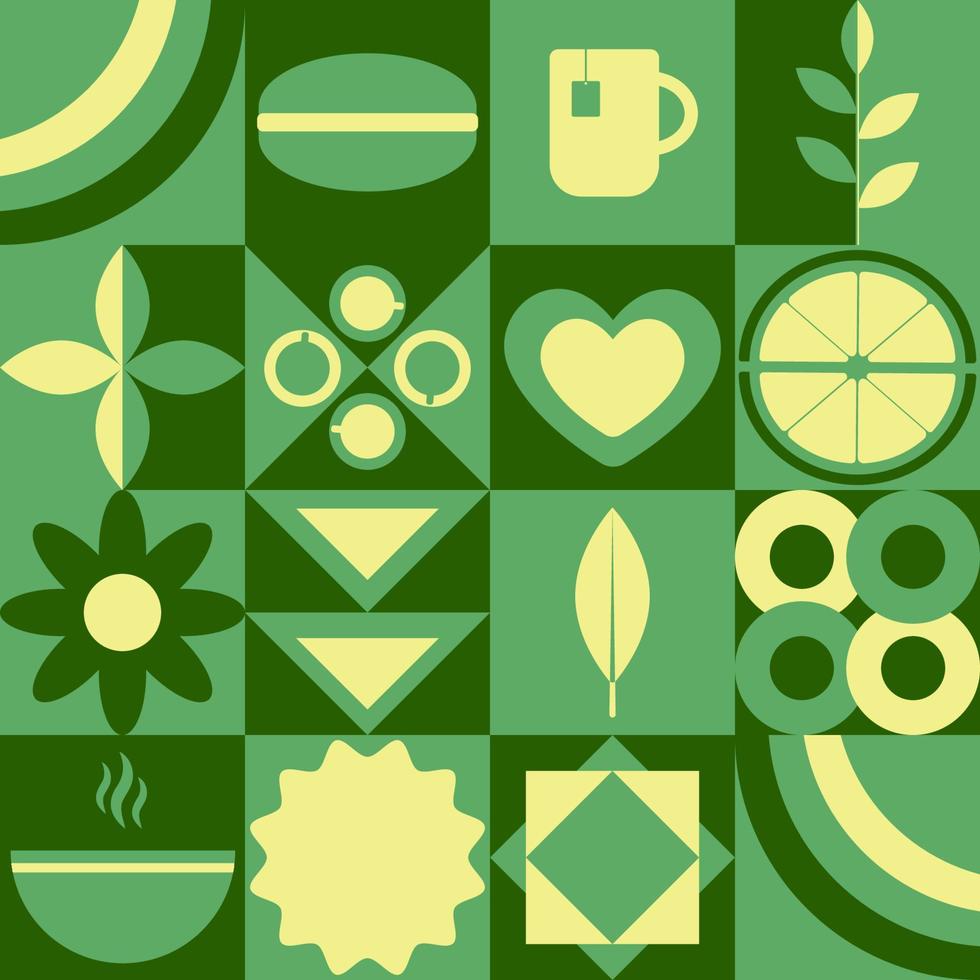 Background of icons in a flat geometric BAUHAS style. Abstract signs. Tea, a cup of tea, lemon, sun. Tea time. Vector illustration.