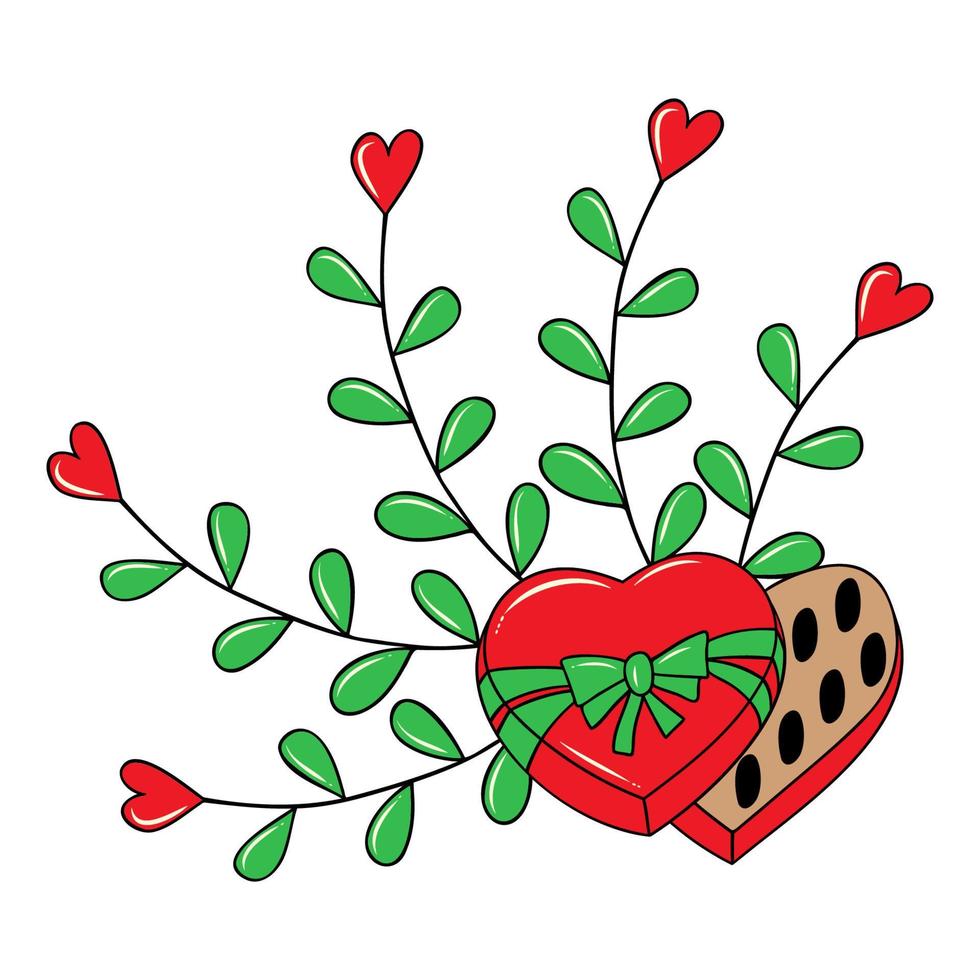 A composition of hand-drawn vector images for Valentine's Day. Decoration for Valentine's Day. Symbols of Valentine's Day. A flower with a heart. A box with sweets and a bow.