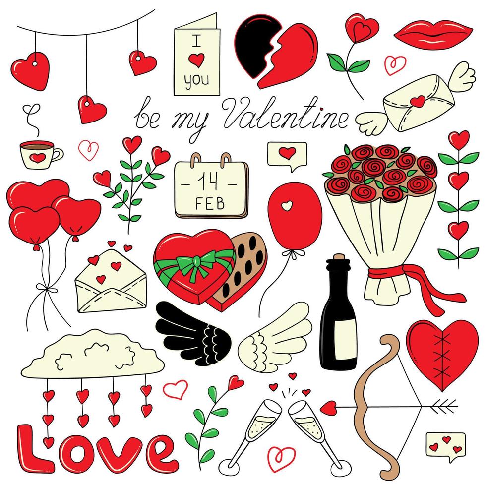 delinear el conjunto de temas de amor de doodle, romance, 14 de febrero,  día de san valentín. elementos de diseño, fondo blanco. inscripción. lindo  estilo de dibujos animados. 17176861 Vector en Vecteezy
