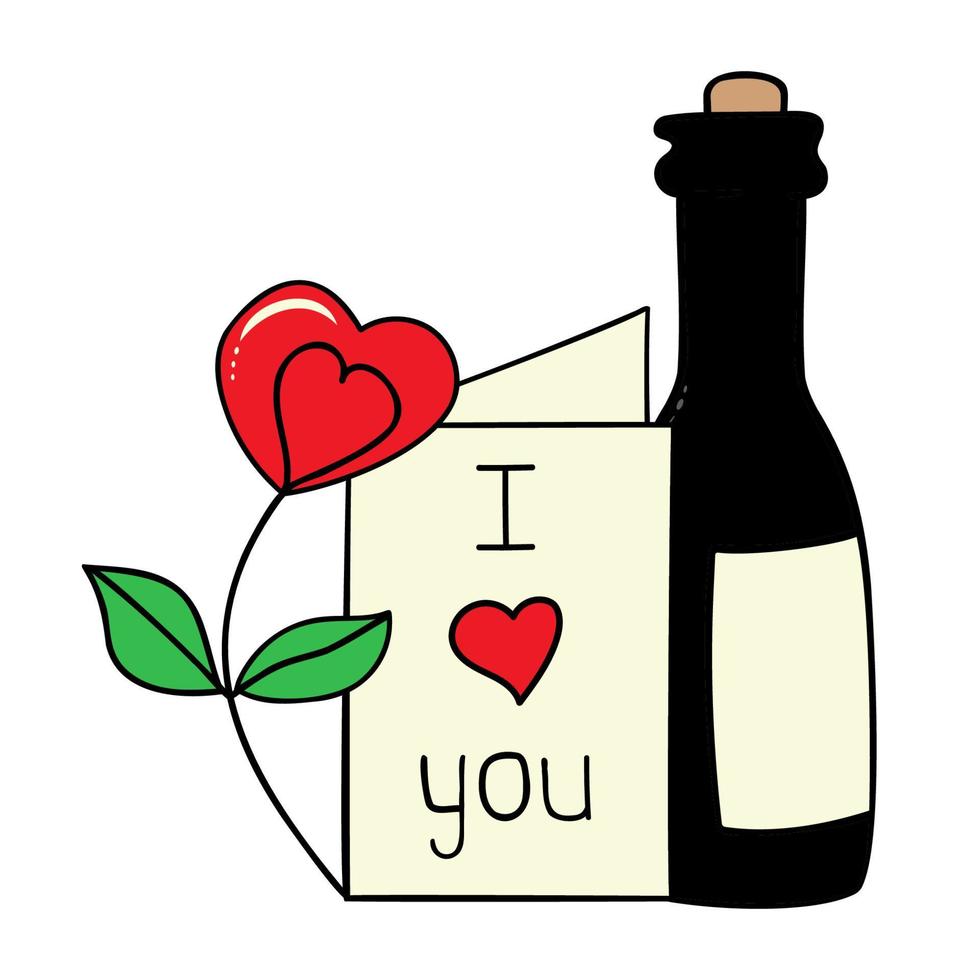 A composition of hand-drawn vector images for Valentine's Day. Decoration for Valentine's Day. Symbols of Valentine's Day. A flower with a heart. Postcard. A bottle of champagne.
