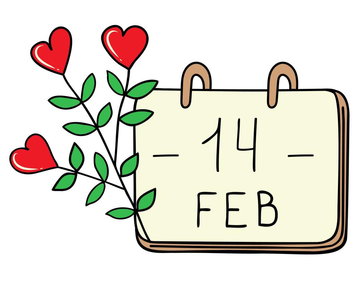 A composition of hand-drawn vector images for Valentine's Day. Decoration for Valentine's Day. Symbols of Valentine's Day. A flower with a heart.Desktop calendar.