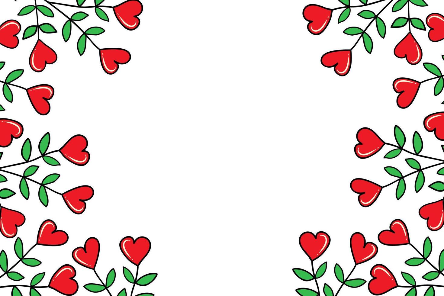 ilustración vectorial, fondo con hojas, flores de corazón y un lugar para el texto. plantilla rectangular para la decoración del día de san valentín. marco estilo garabato con plantas para pancartas, postales vector