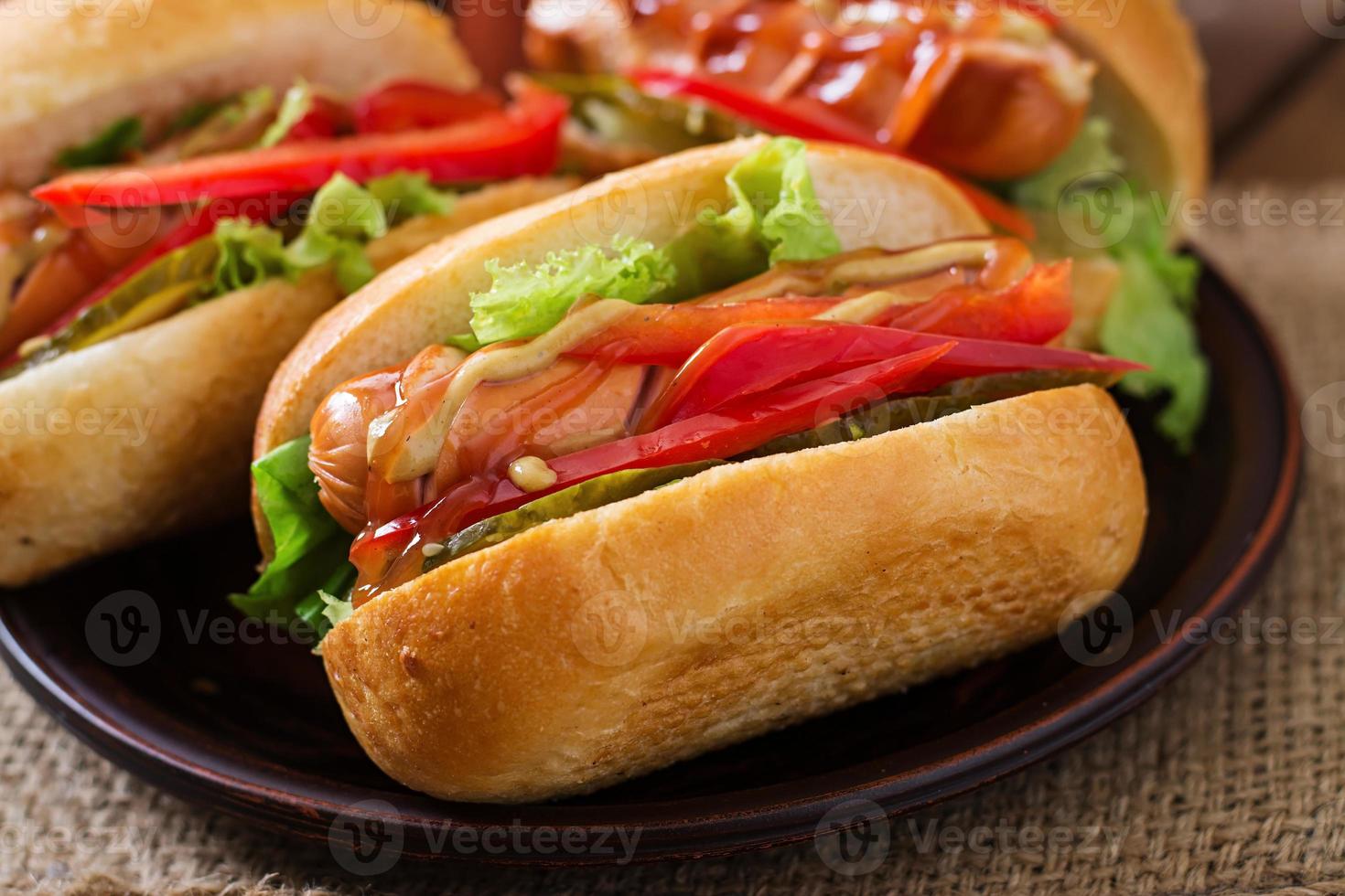 Hot dog - sandwich with pickles, paprika and lettuce on wooden background photo