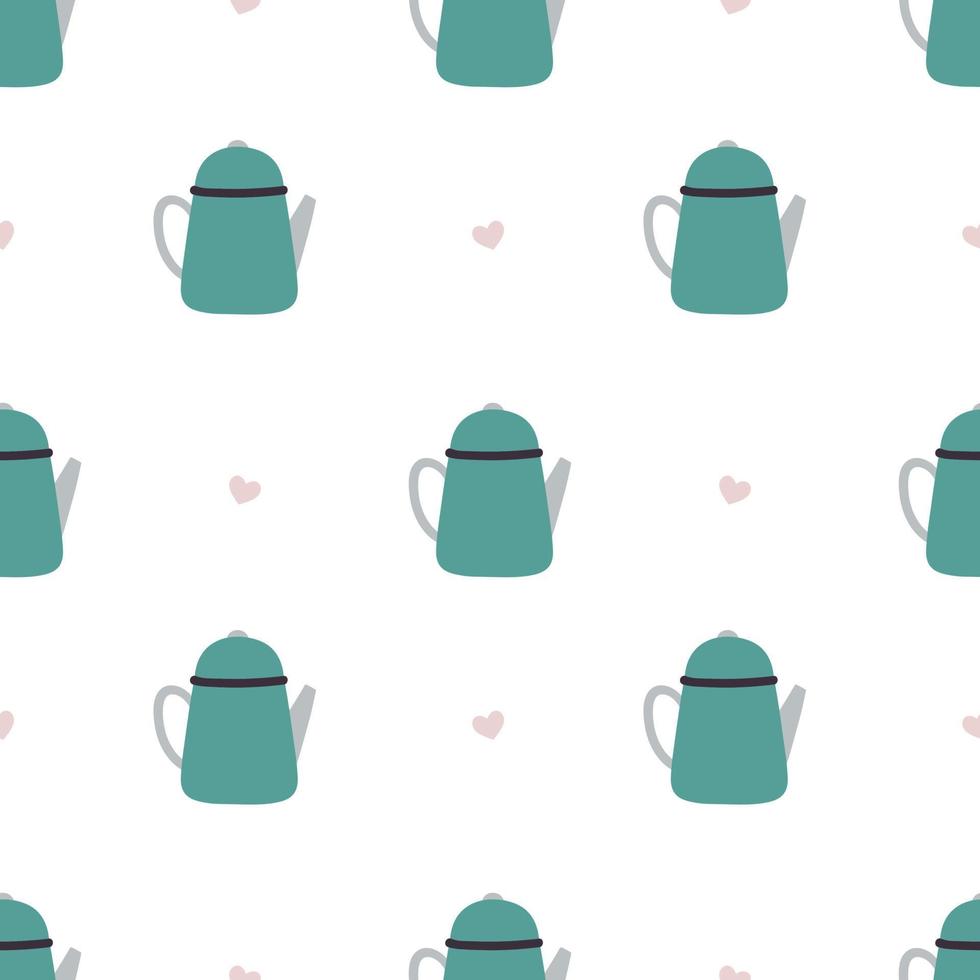 Kettle. Blue teapot with pink hearts. Cute seamless pattern in naive style vector