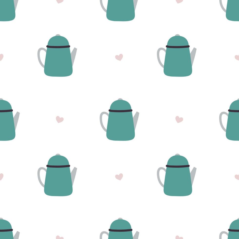 Kettle. Blue teapot with pink hearts. Cute seamless pattern in naive style vector