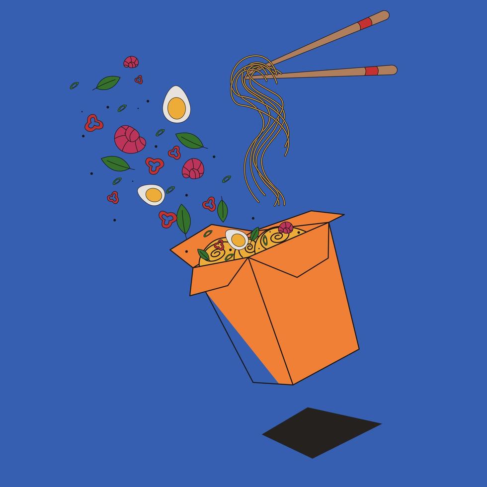 Chinese wok noodles to go. Illustration of asian food with eggs, vegetables and shrimps vector
