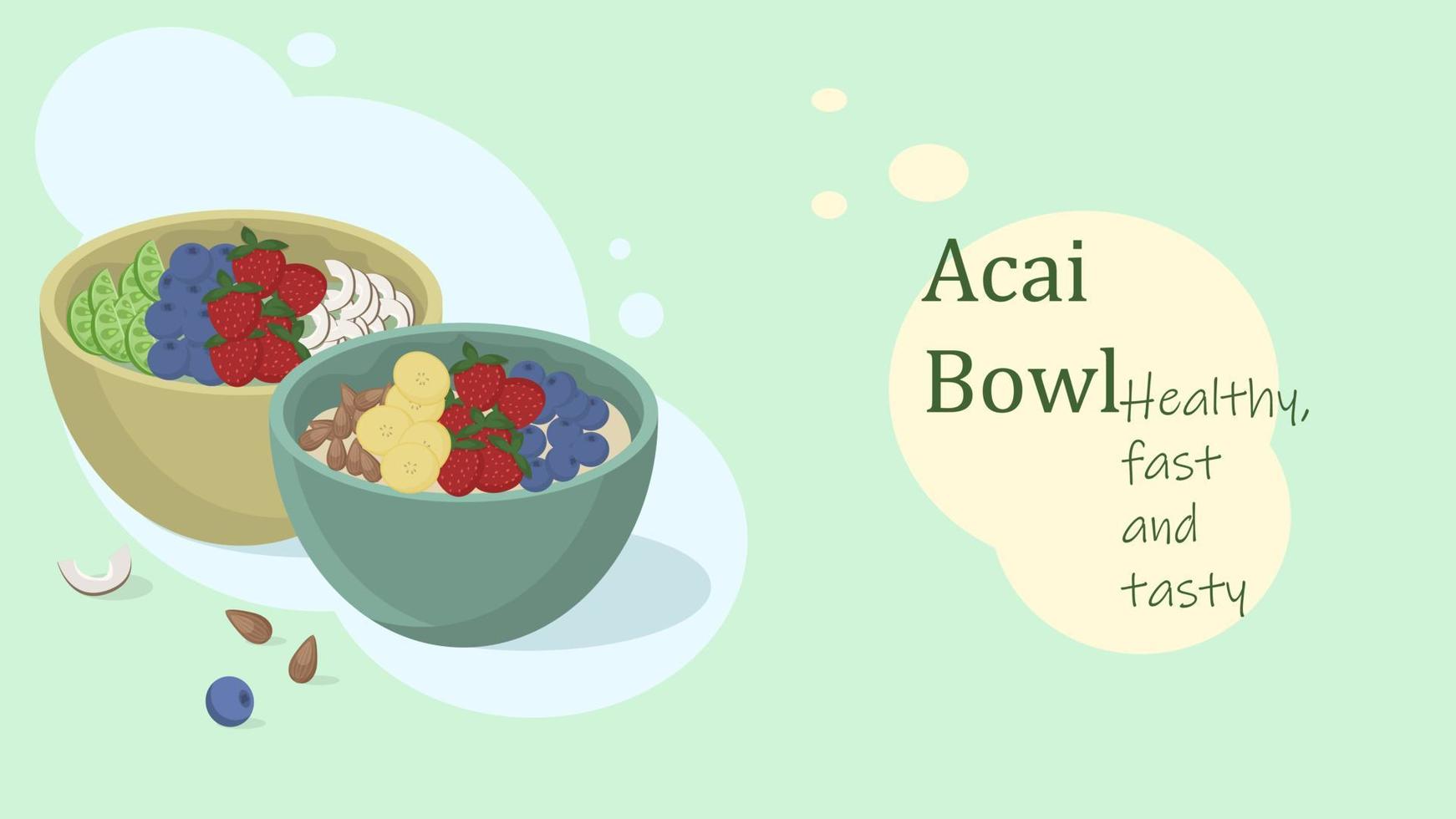 plantilla de banner sobre el tema de la comida latinoamericana saludable. dos tazones de acai con diferentes frutas y nueces. vector