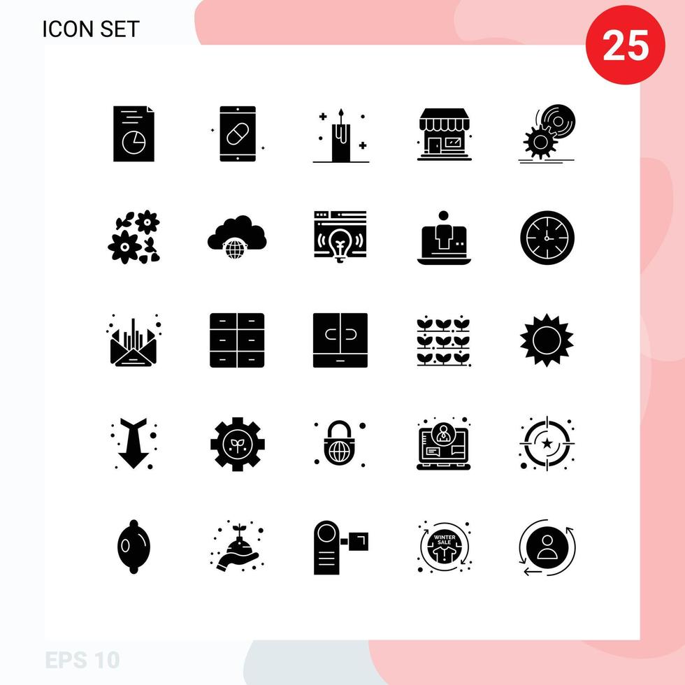 Editable Vector Line Pack of 25 Simple Solid Glyphs of disc supermarket candle store xmas Editable Vector Design Elements
