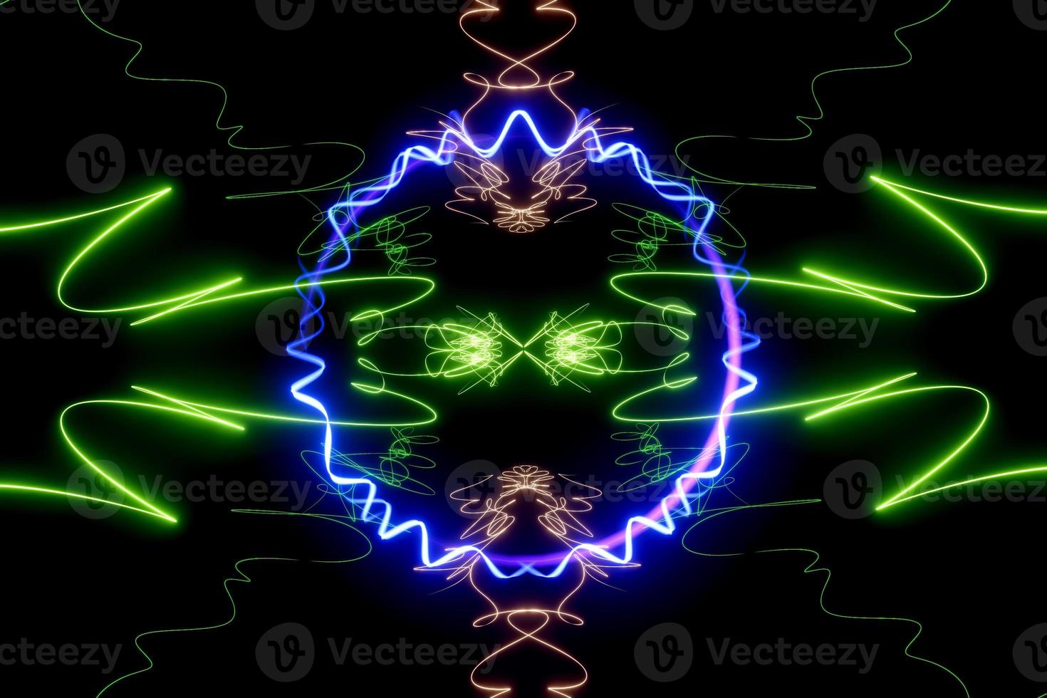purple green light streaks, bright neon rays, transfer data network, stage screen background concept. photo