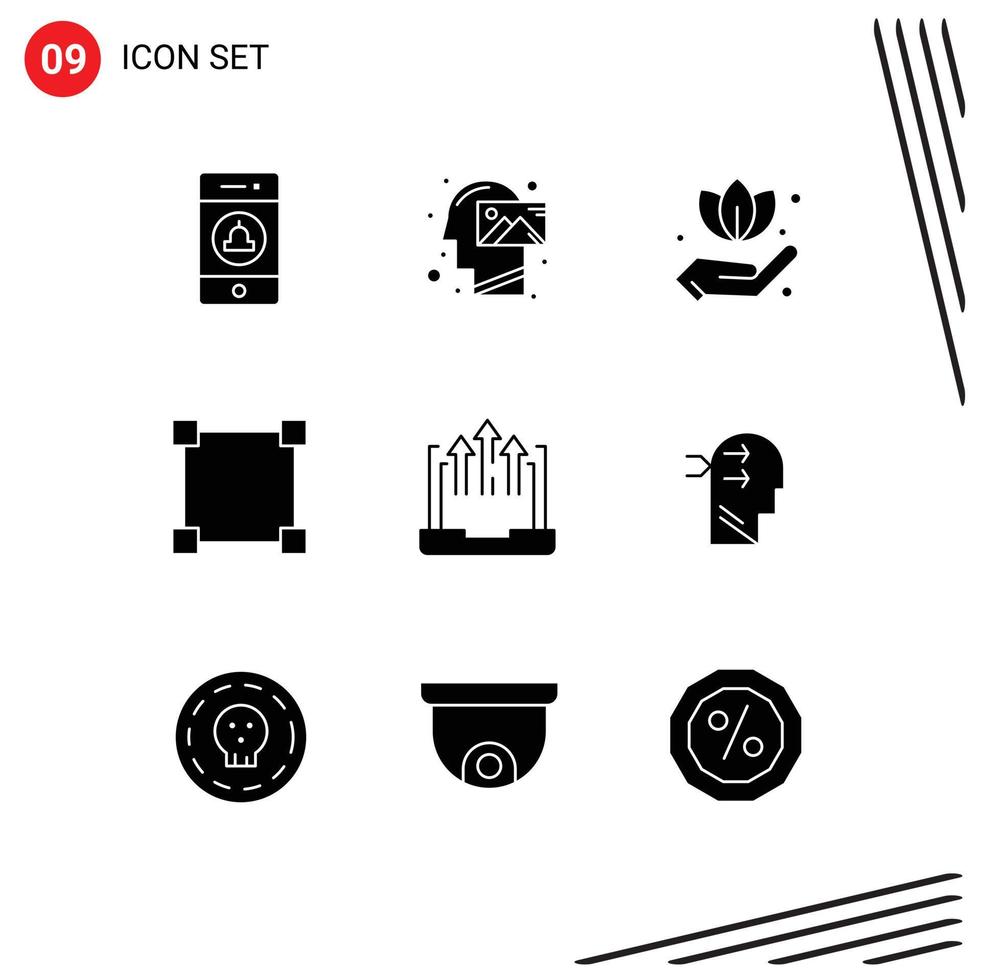 Set of 9 Vector Solid Glyphs on Grid for growth arrow vision rectangle path Editable Vector Design Elements