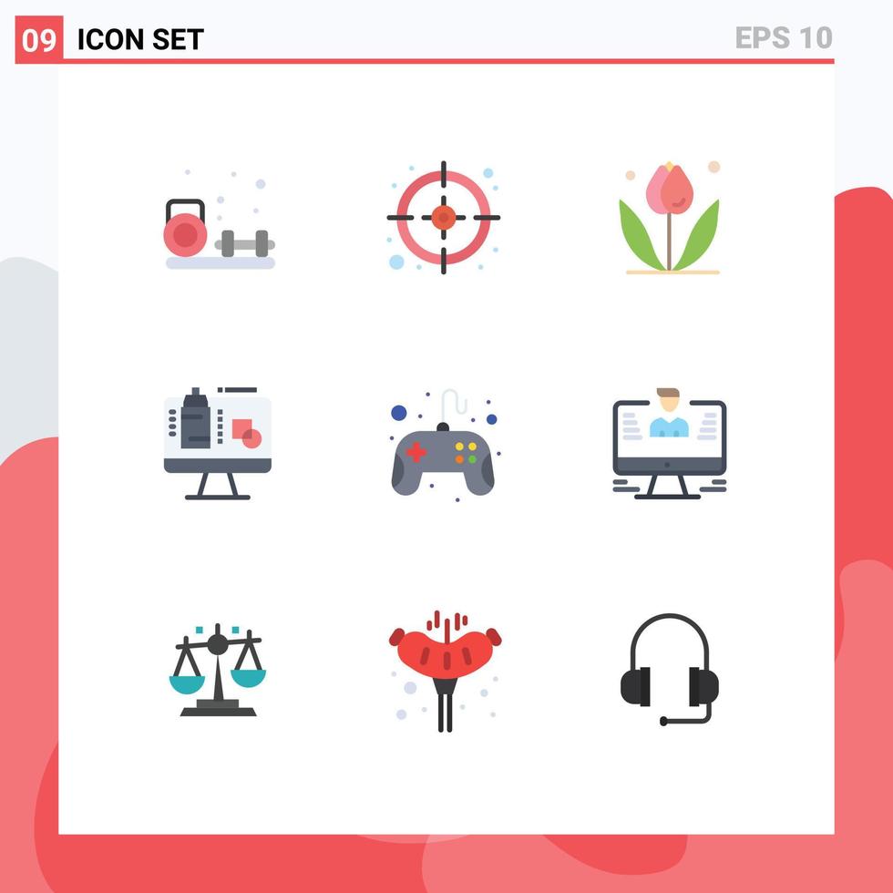 Modern Set of 9 Flat Colors Pictograph of game control pad floral presentation screen Editable Vector Design Elements