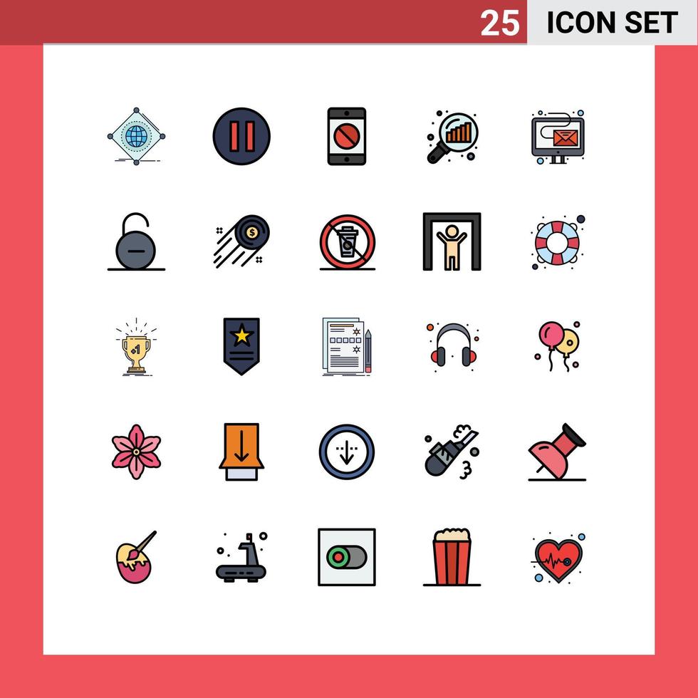 Pack of 25 Modern Filled line Flat Colors Signs and Symbols for Web Print Media such as email search stats device graph magnifying data analyzing Editable Vector Design Elements