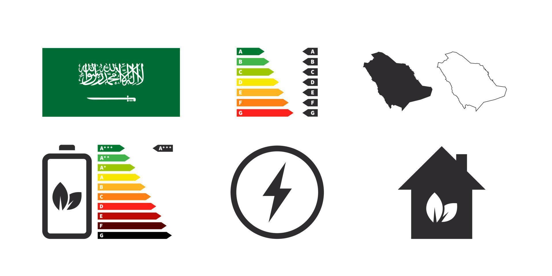 Saudi Arabia energy efficiency badges. Energy Performance icons. Energy rating chart. Vector illustration