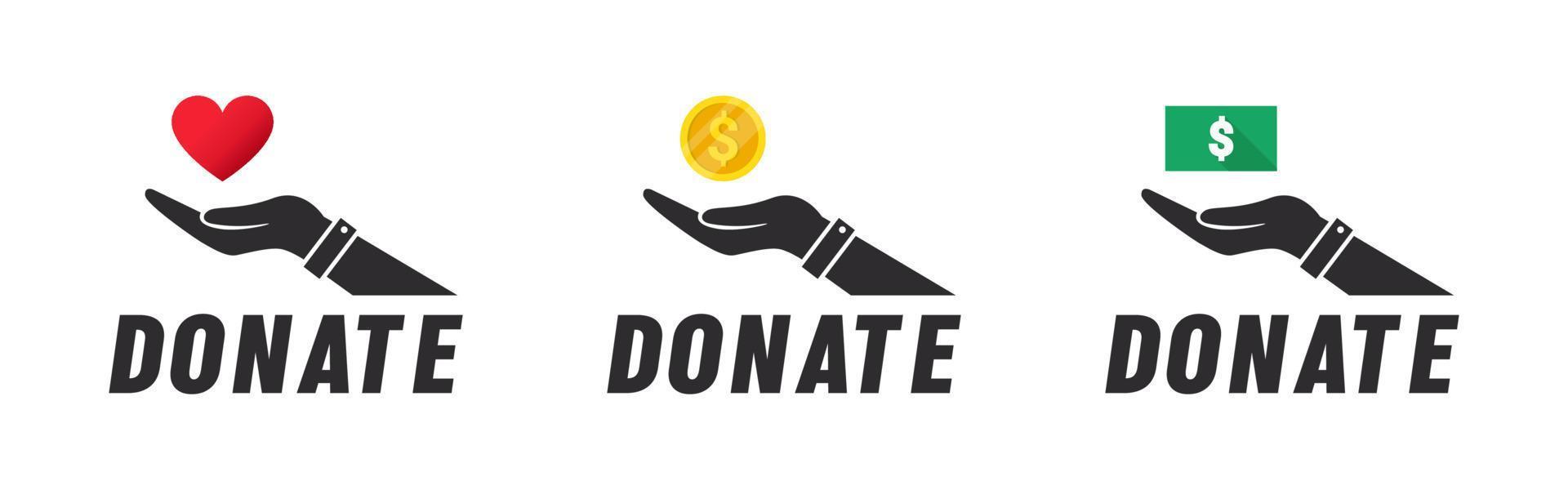 Charity concept. Charity hands with hearts and coin. Donation icon. Donate, giving money and love. Vector illustration
