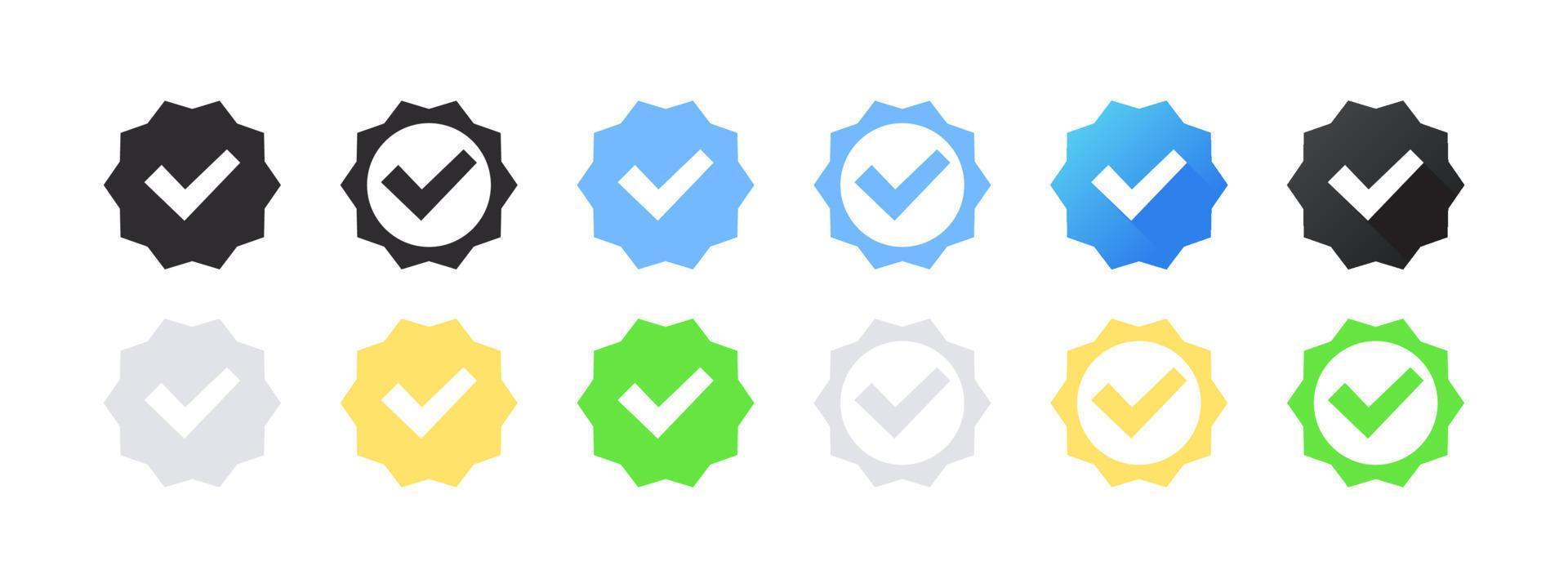 Verification check marks. Profile verification vector icons. Verification icons in various colors and shapes. Vector illustration