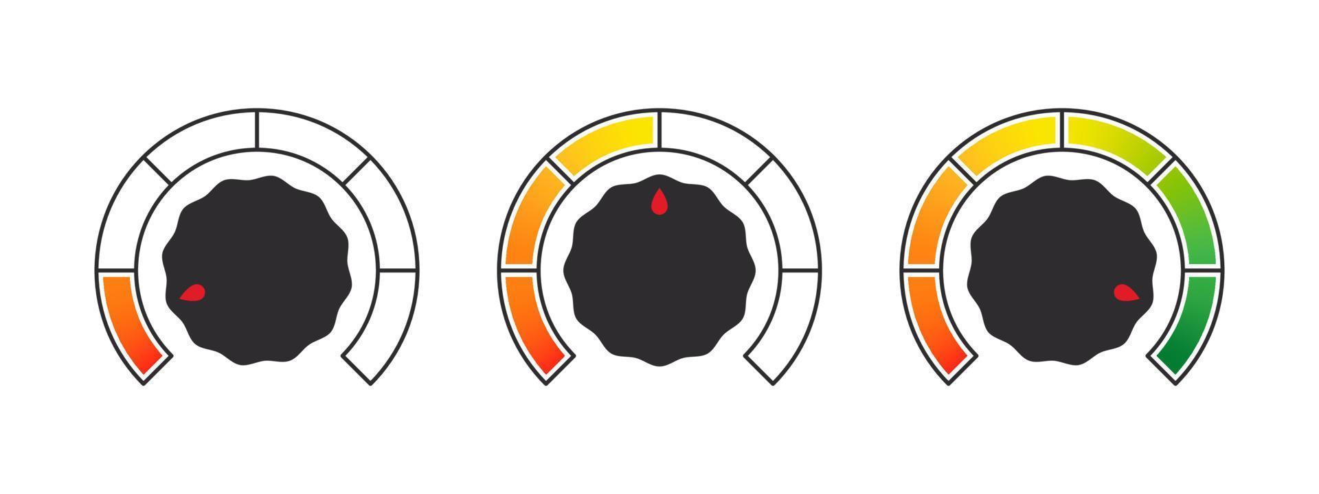 Scale from performance measurement. Adjustment dial. Control knob or round dial regulator. Vector illustration