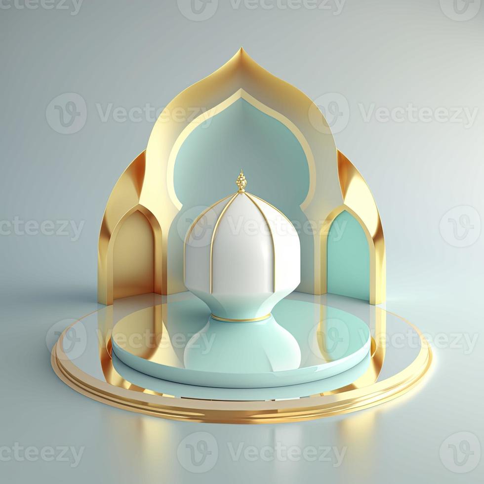 Islamic ramadan podium background of futuristic and modern 3d realistic mosque with scene and stage for product display photo