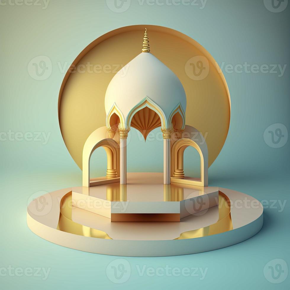 Realistic 3d modern islamic background of futuristic mosque with podium scene and stage for product display photo