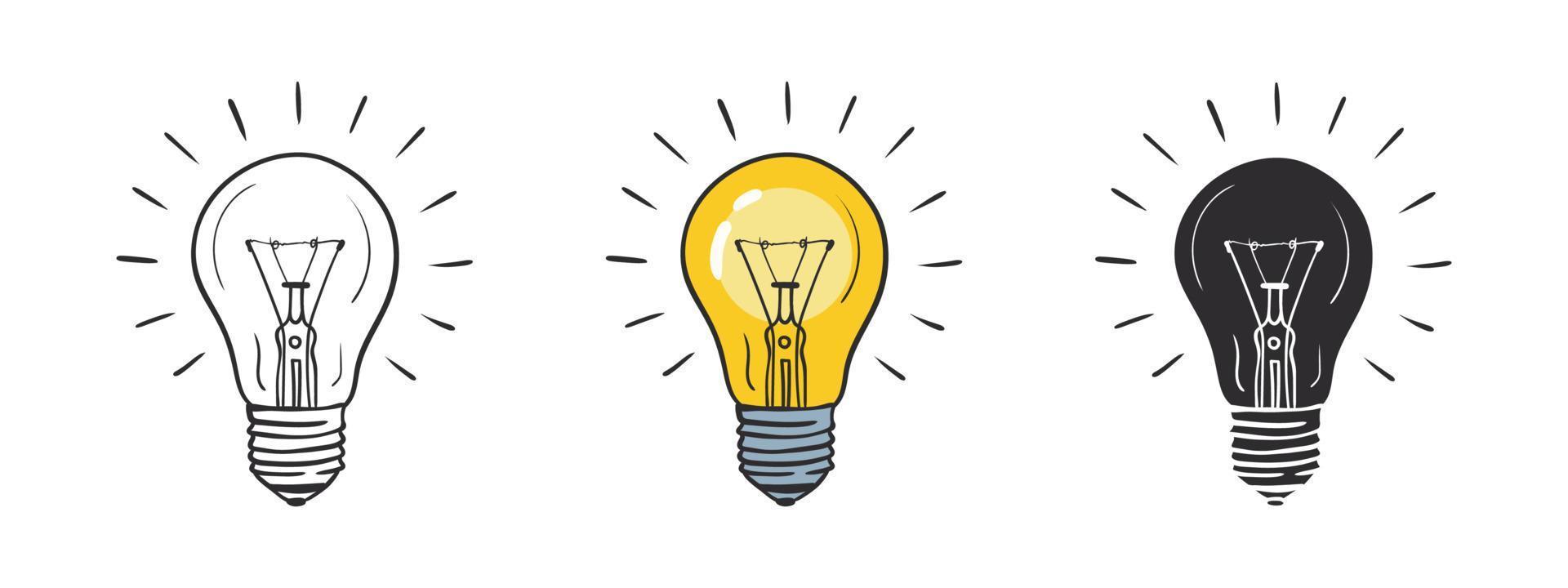 Light bulb sketch. Electric light, energy concept. Light bulbs drawn by hand. Vector illustration