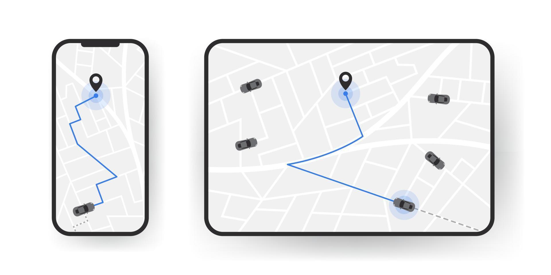 la ruta del coche en el mapa del dispositivo. viajando en coche. seguimiento de distancia ilustración vectorial vector