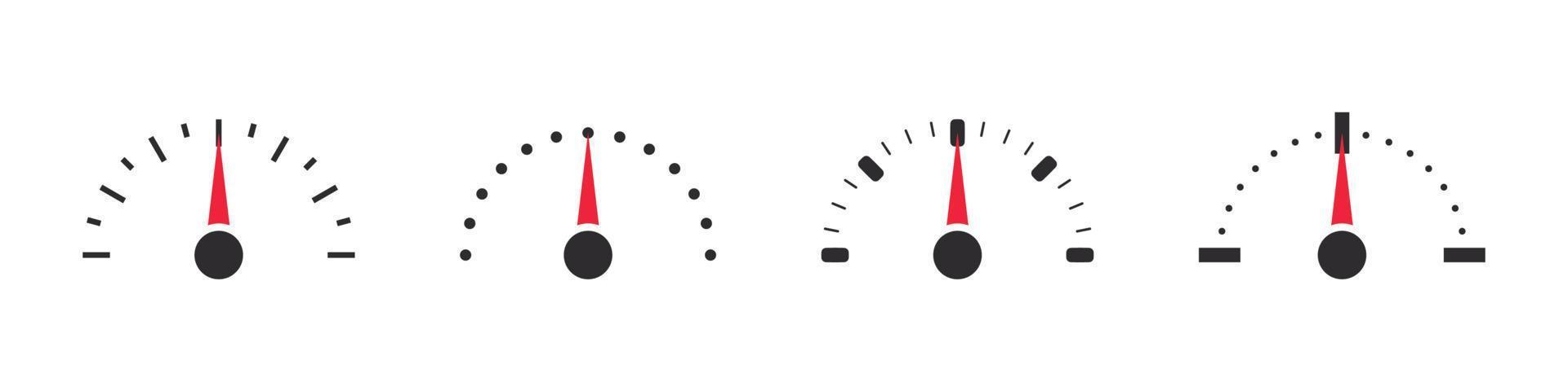 Speed indicator sign. Speedometer, tachometer, indicator icons. Performance measurement. Vector illustration