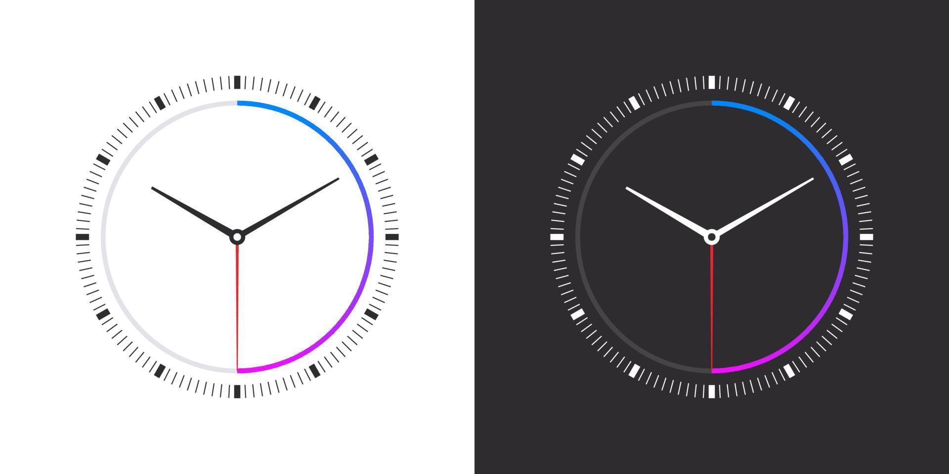 Watch faces. Modern clock faces. Smart watch dial. Clock faces on white and black background. Vector illustration