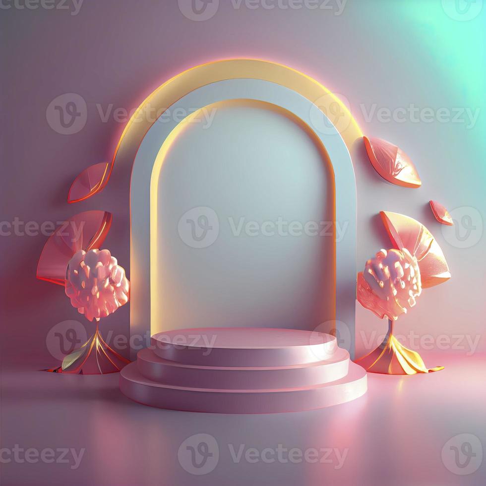 ilustración 3d realista de podio con adorno floral para banner de producto foto