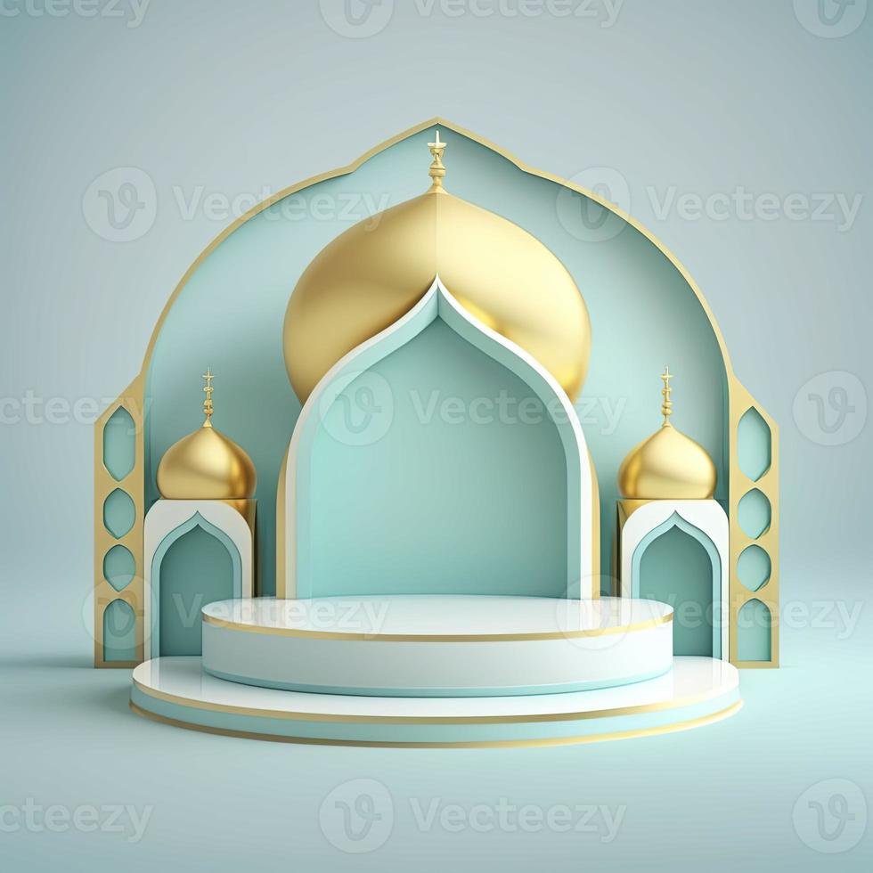 Islamic theme product display background in 3d rendering illustration design, Mosque portal frame with podium or stage and empty space. photo