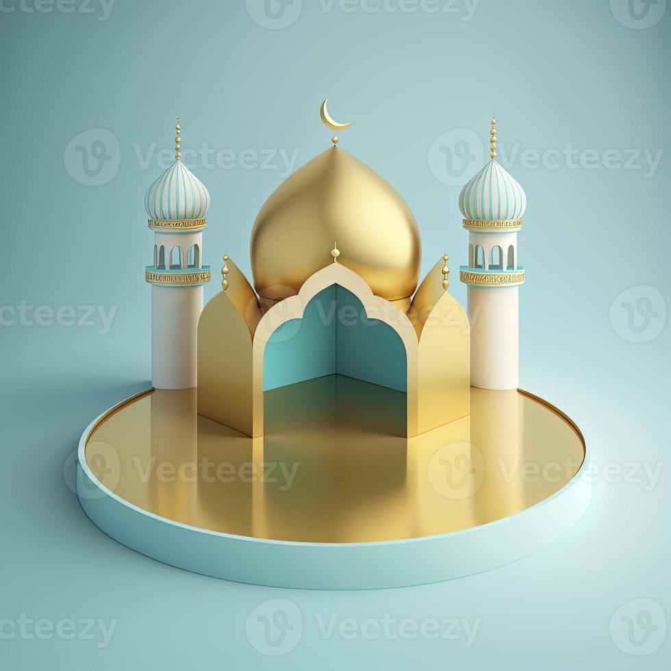 Islamic theme product display background in 3d rendering illustration design, Mosque portal frame with podium or stage and empty space. photo