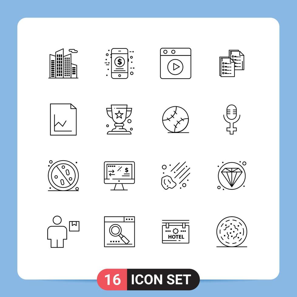 User Interface Pack of 16 Basic Outlines of document resume play paper data Editable Vector Design Elements