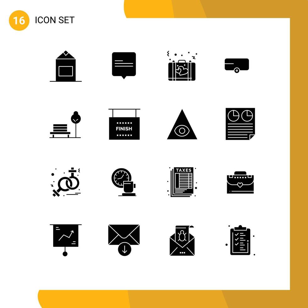 Group of 16 Modern Solid Glyphs Set for hotel chair love banch trailer Editable Vector Design Elements