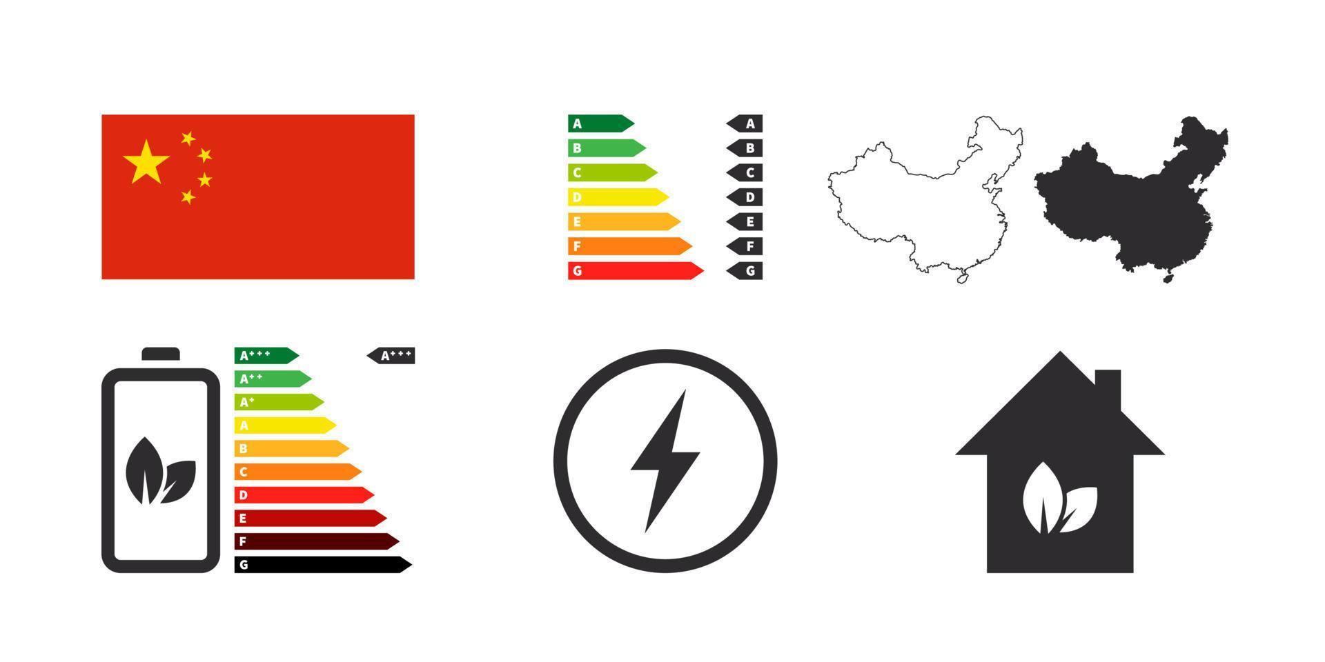 China energy efficiency badges. Energy Performance icons. Energy rating chart. Vector illustration