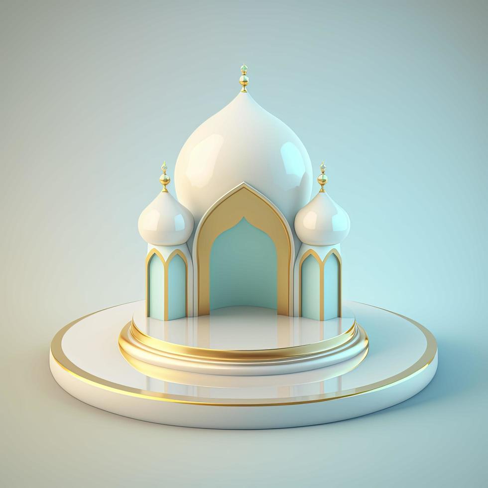 Islamic ramadan podium background of futuristic and modern 3d realistic mosque with scene and stage for product display photo